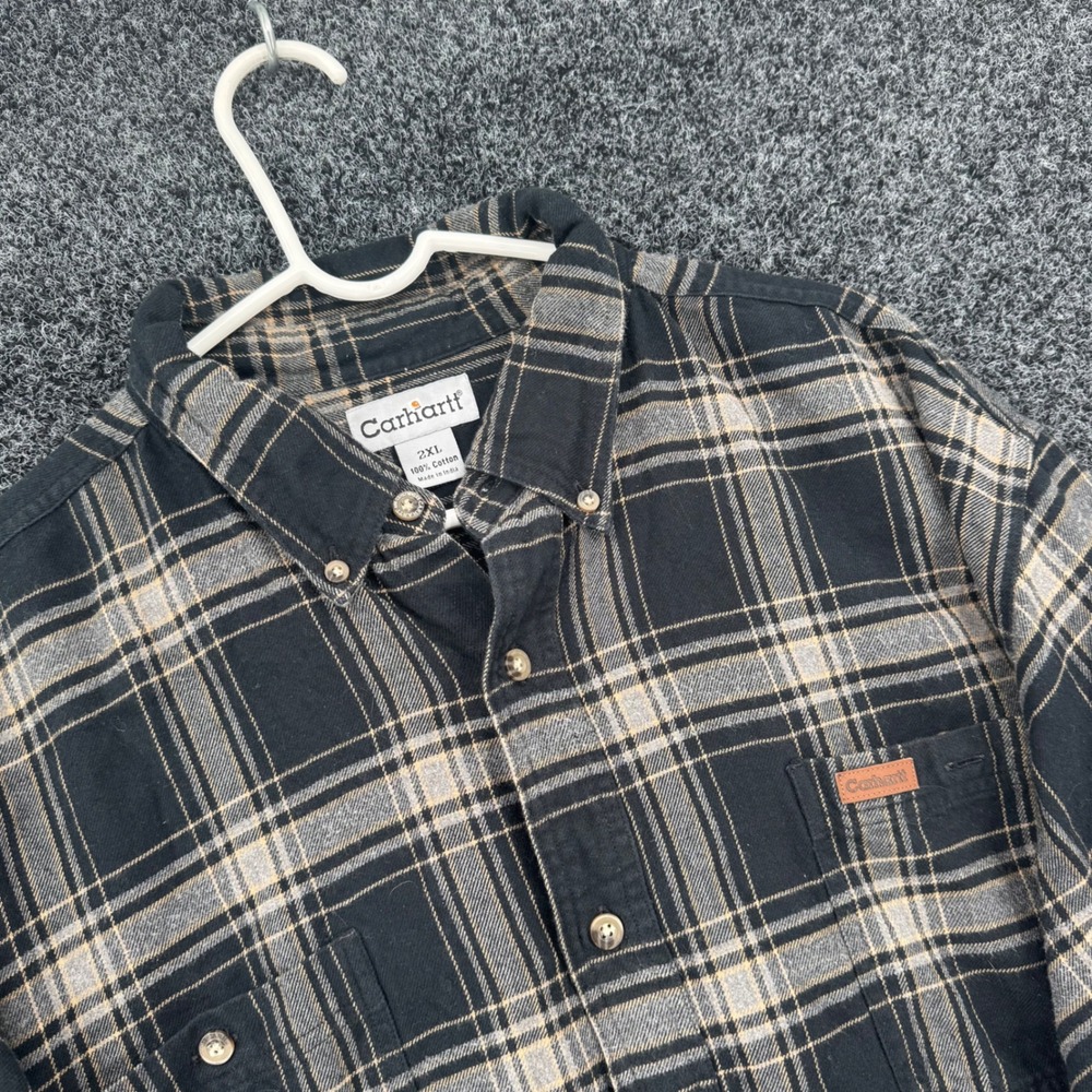 Carhartt Mens 2XL Black Tan Plaid Flannel Button Down Shirt Long Sleeve Cotton - Picture 1 of 7